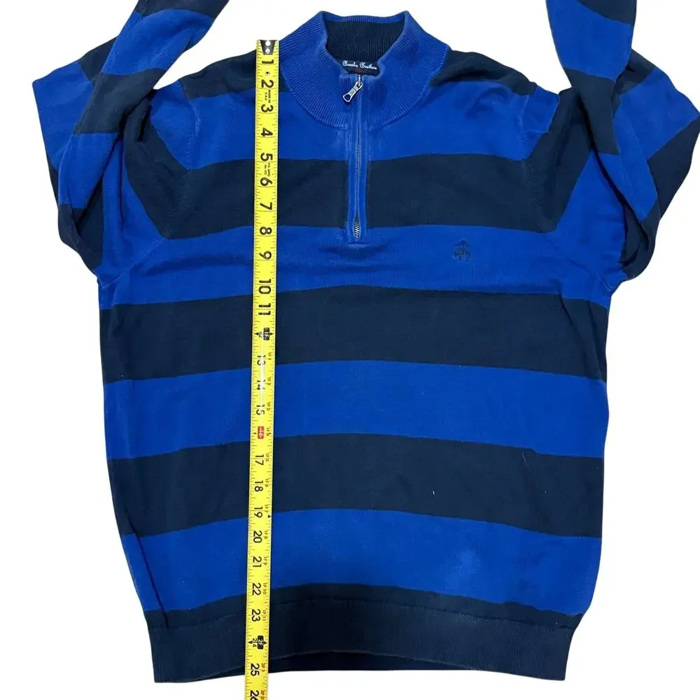 Brooks‎ Brothers Fleece Men’s Quarter Zip 1/4 Black Blue Striped Sweater Size XL